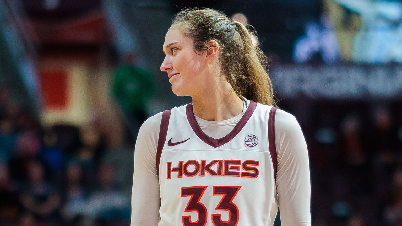 BLACKSBURG, VIRGINIA - NOVEMBER 20: Elizabeth Kitley #33 of the Virginia Tech Hokies reacts in the second half during a game against the UNC Greensboro Spartans at Cassell Coliseum on November 20, 2023 in Blacksburg, Virginia.