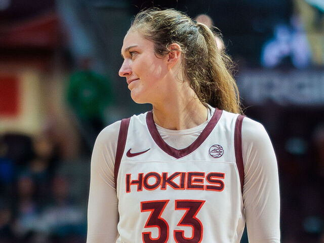 BLACKSBURG, VIRGINIA - NOVEMBER 20: Elizabeth Kitley #33 of the Virginia Tech Hokies reacts in the second half during a game against the UNC Greensboro Spartans at Cassell Coliseum on November 20, 2023 in Blacksburg, Virginia.