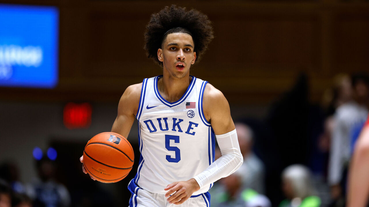 DURHAM, NORTH CAROLINA - NOVEMBER 24: Tyrese Proctor #5 of the Duke Blue Devils dribbles up court during the first half of the game against the Southern Indiana Screaming Eagles at Cameron Indoor Stadium on November 24, 2023 in Durham, North Carolina.