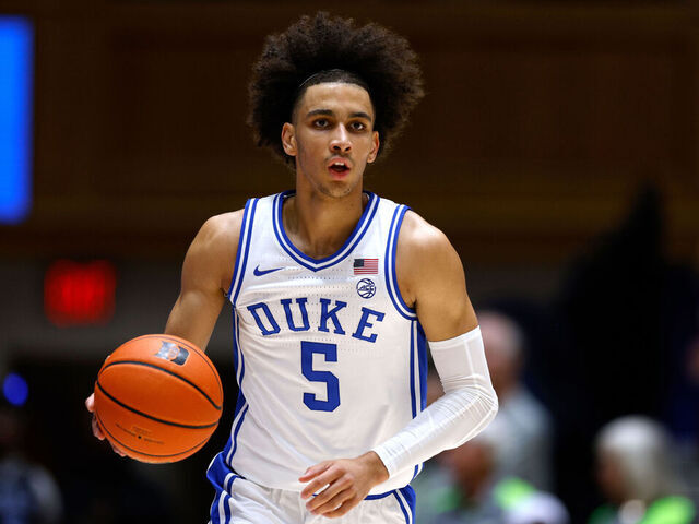 DURHAM, NORTH CAROLINA - NOVEMBER 24: Tyrese Proctor #5 of the Duke Blue Devils dribbles up court during the first half of the game against the Southern Indiana Screaming Eagles at Cameron Indoor Stadium on November 24, 2023 in Durham, North Carolina.