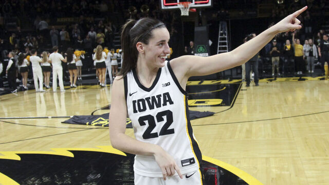 IOWA CITY, IOWA- NOVEMBER 19: Guard Caitlin Clark #22 of the Iowa Hawkeyes gestures to the crowd after the match-up against the Drake Bulldogs at Carver-Hawkeye Arena on November 19, 2023 in Iowa City, Iowa.