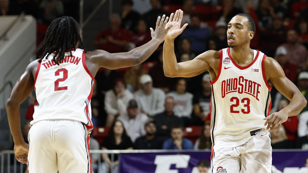 NICEVILLE, FLORIDA - NOVEMBER 24: Zed Key #23 and Bruce Thornton #2 of the Ohio State Buckeyes celebrate during the second half against the Alabama Crimson Tide at Raider Arena on November 24, 2023 in Niceville, Florida.