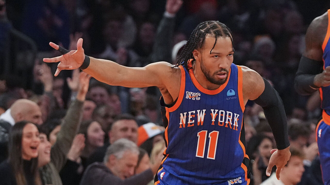 NEW YORK, NEW YORK - NOVEMBER 24: Jalen Brunson #11 of the New York Knicks reacts after making a three point basket against the Miami Heat in the first half during the NBA In-Season Tournament at Madison Square Garden on November 24, 2023 in New York City.