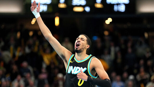 INDIANAPOLIS, INDIANA - NOVEMBER 24: Tyrese Haliburton #0 of the Indiana Pacers celebrates a basket during the second half of an NBA In-Season Tournament game against the Detroit Pistons at Gainbridge Fieldhouse on November 24, 2023 in Indianapolis, Indiana.