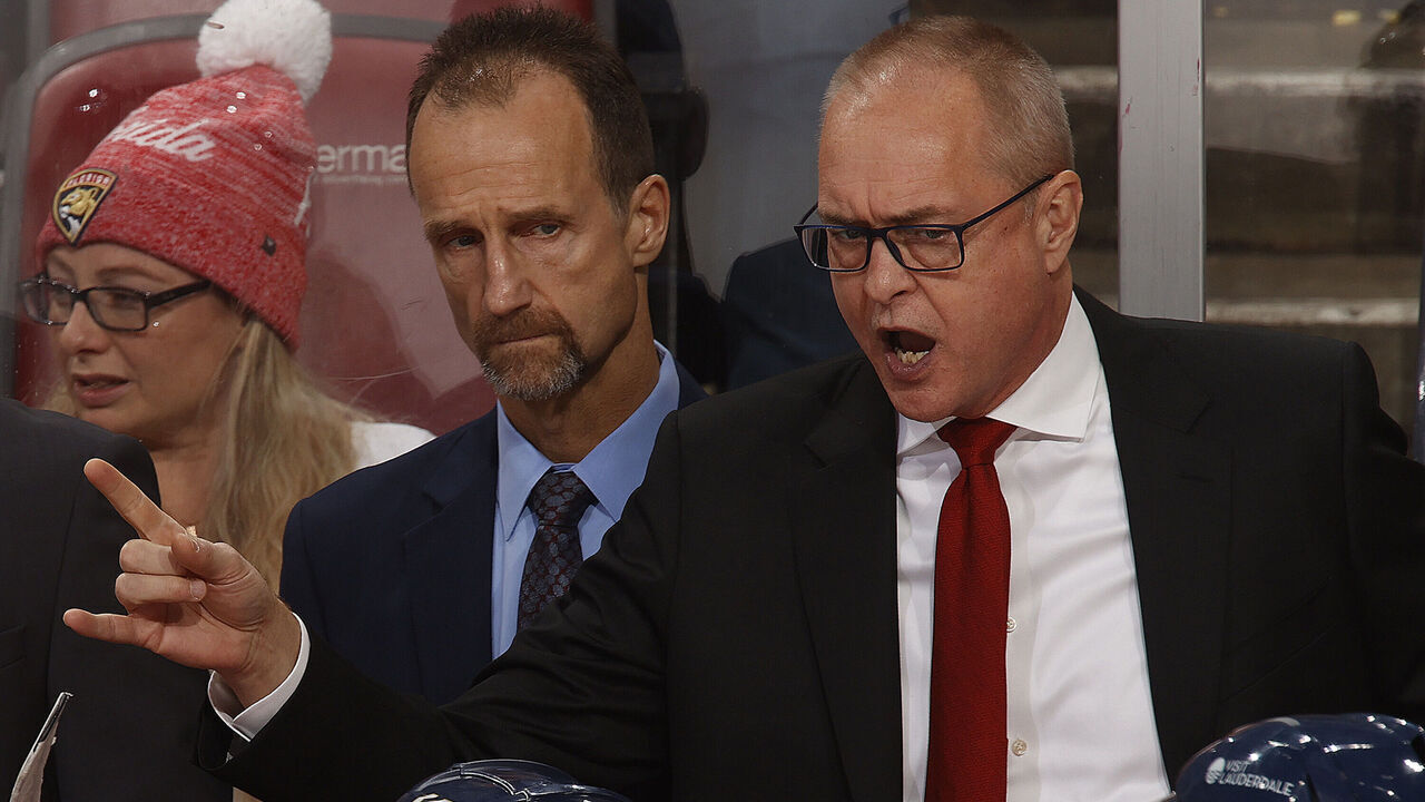 SUNRISE, FLORIDA - NOVEMBER 22: Florida Panthers Head Coach Paul Maurice and Assistant Coach Jamie Kompon direct their team from the bench against the Boston Bruins at the Amerant Bank Arena on November 22, 2023 in Sunrise, Florida.