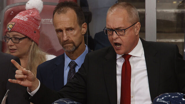 SUNRISE, FLORIDA - NOVEMBER 22: Florida Panthers Head Coach Paul Maurice and Assistant Coach Jamie Kompon direct their team from the bench against the Boston Bruins at the Amerant Bank Arena on November 22, 2023 in Sunrise, Florida.