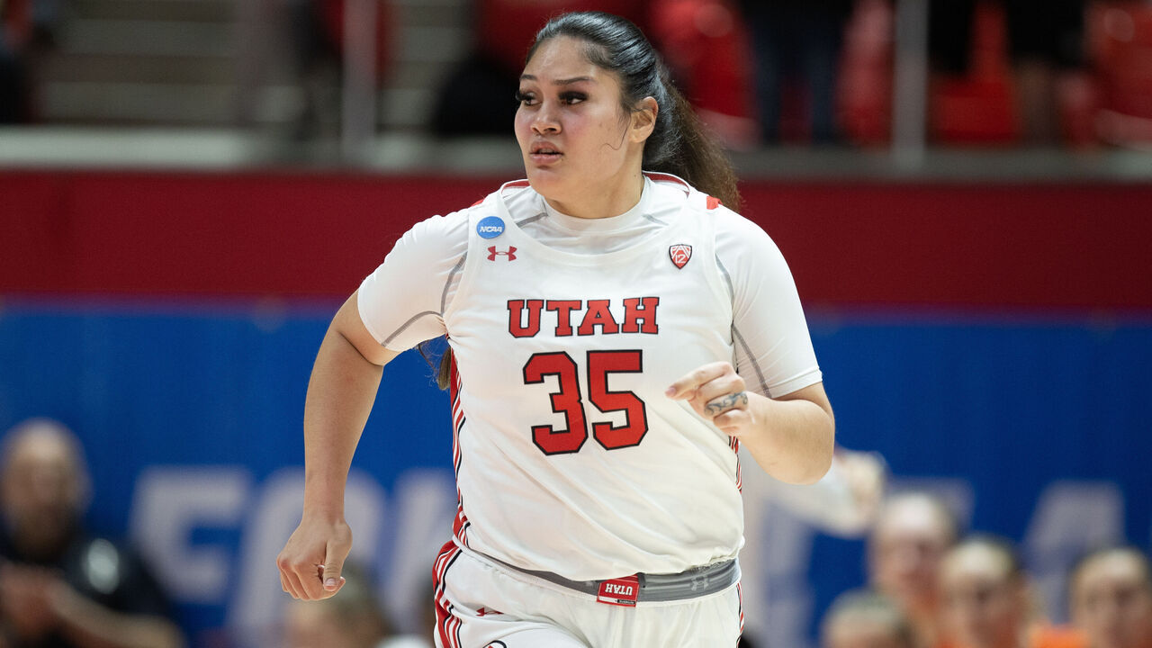 SALT LAKE CITY, UT- MARCH 19: Alissa Pili #35 of the Utah Utes runs up the court against the Princeton Tigers during the second half of the second round of the NCAA Womens Basketball Tournament at the Jon M Huntsman Center March 19, 2023 in Salt Lake City, Utah.