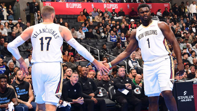 LOS ANGELES, CA - NOVEMBER 24: Zion Williamson #1 of the New Orleans Pelicans high fives Jonas Valanciunas #17 during the game against the LA Clippers during the In-Season Tournament on November 24, 2023 at Crypto.Com Arena in Los Angeles, California. NOTE TO USER: User expressly acknowledges and agrees that, by downloading and/or using this Photograph, user is consenting to the terms and conditions of the Getty Images License Agreement. Mandatory Copyright Notice: Copyright 2023 NBAE