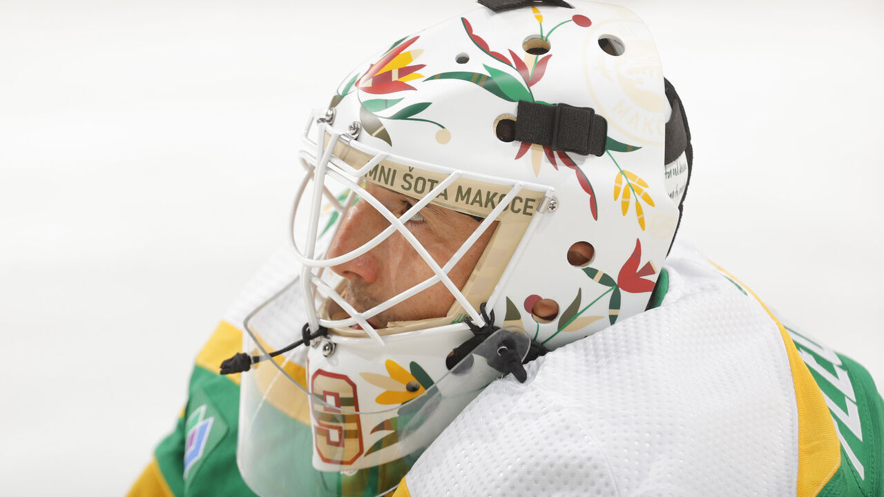 SAINT PAUL, MN - NOVEMBER 24: Marc-Andre Fleury #29 of the Minnesota Wild wears a custom Native American Heritage night mask in warmups prior to the game against the Colorado Avalanche at the Xcel Energy Center on November 24, 2023 in Saint Paul, Minnesota.