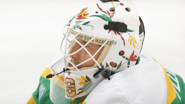 SAINT PAUL, MN - NOVEMBER 24: Marc-Andre Fleury #29 of the Minnesota Wild wears a custom Native American Heritage night mask in warmups prior to the game against the Colorado Avalanche at the Xcel Energy Center on November 24, 2023 in Saint Paul, Minnesota.
