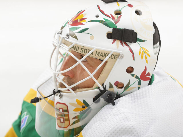 SAINT PAUL, MN - NOVEMBER 24: Marc-Andre Fleury #29 of the Minnesota Wild wears a custom Native American Heritage night mask in warmups prior to the game against the Colorado Avalanche at the Xcel Energy Center on November 24, 2023 in Saint Paul, Minnesota.