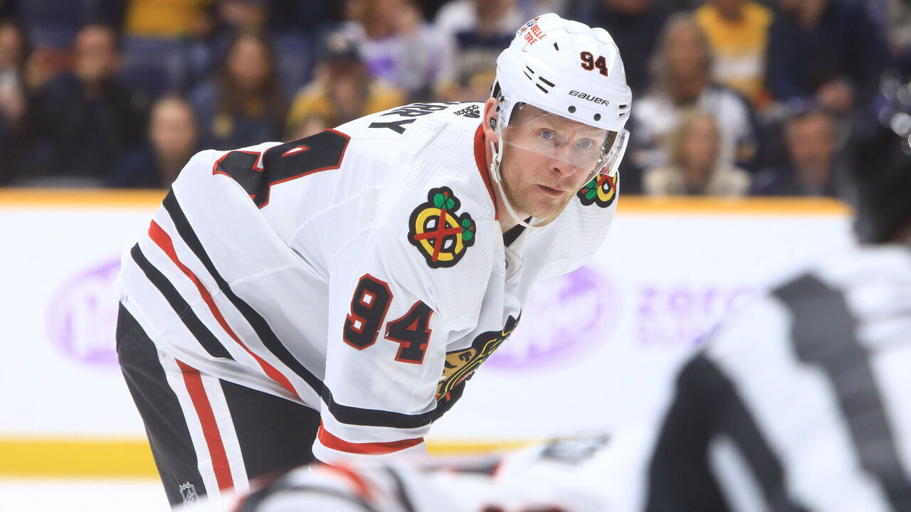 NASHVILLE, TN - NOVEMBER 18: Chicago Blackhawks right wing Corey Perry (94) is shown during the NHL game between the Nashville Predators and Chicago Blackhawks, held on November 18, 2023, at Bridgestone Arena in Nashville, Tennessee.