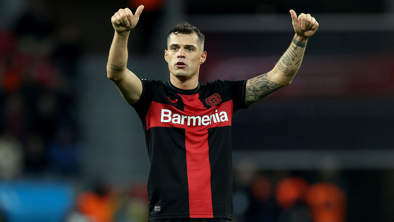 LEVERKUSEN, GERMANY - NOVEMBER 12: Granit Xhaka of Bayer Leverkusen gestures during the Bundesliga match between Bayer 04 Leverkusen and 1. FC Union Berlin at BayArena on November 12, 2023 in Leverkusen, Germany.
