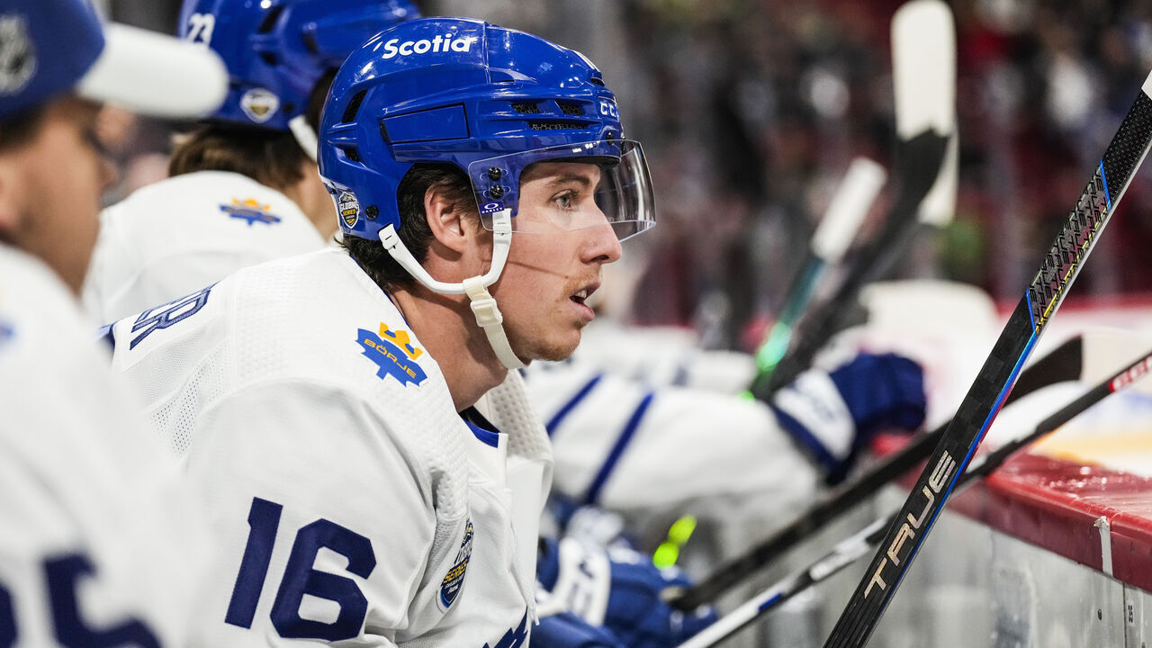 STOCKHOLM, SWEDEN - NOVEMBER 19: Mitch Marner #16 of the Toronto Maple Leafs looks on from the bench against the Minnesota Wild in the first period during the 2023 NHL Global Series Sweden at Avicii Arena on November 19, 2023 in Stockholm, Sweden.