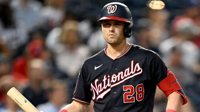 WASHINGTON, DC - SEPTEMBER 21: Lane Thomas #28 of the Washington Nationals walks to the dugout after striking out against the Atlanta Braves at Nationals Park on September 21, 2023 in Washington, DC.