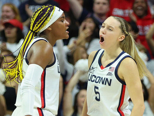 STORRS, CT - NOVEMBER 16: UConn Huskies guard Paige Bueckers (5) and UConn Huskies forward Aaliyah Edwards (3) react after a made basket during a college basketball game between Maryland Terrapins and UConn Huskies on November 16, 2023, at Harry A. Gampel Pavilion in Storrs, CT.