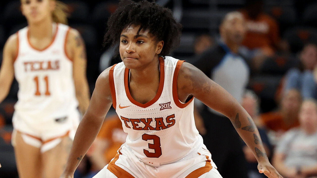 AUSTIN, TEXAS - OCTOBER 30: Rori Harmon #3 of the Texas Longhorns plays defense against the DePaul Blue Demons during a charity exhibition game at the Moody Center on October 30, 2022 in Austin, Texas.