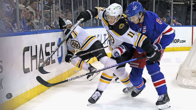 NEW YORK, NEW YORK - JANUARY 19: Jacob Trouba #8 of the New York Rangers holds up Trent Frederic #11 of the Boston Bruins during the first period at Madison Square Garden on January 19, 2023 in New York City.
