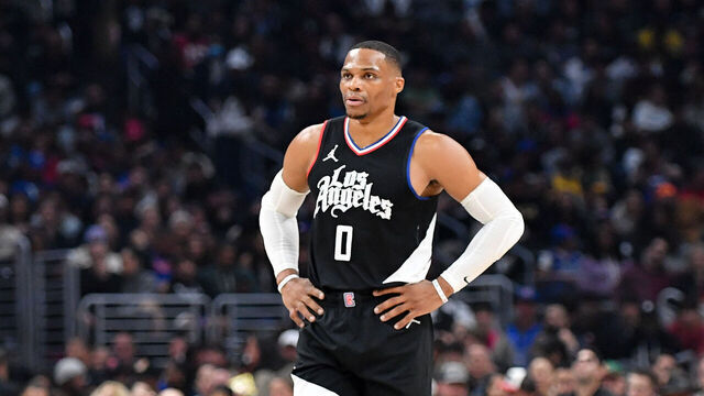 LOS ANGELES, CALIFORNIA - NOVEMBER 25: Russell Westbrook #0 of the LA Clippers looks on during the first half of the game between the Los Angeles Clippers and the Dallas Mavericks at Crypto.com Arena on November 25, 2023 in Los Angeles, California.