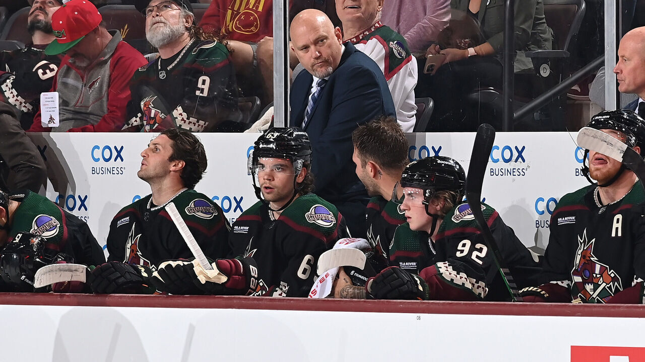 TEMPE, ARIZONA - OCTOBER 21: Head coach Andre Tourigny of the Arizona Coyotes looks up ice against the Anaheim Ducks at Mullett Arena on October 21, 2023 in Tempe, Arizona.