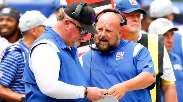 EAST RUTHERFORD, NJ - AUGUST 28: New York Giants head coach Brian Daboll and New York Giants defensive coordinator Don Martindale during the second quarter of the National Football League game between the New York Jets and the New York Giants on August 28, 2022 at MetLife Stadium in East Rutherford, New Jersey.
