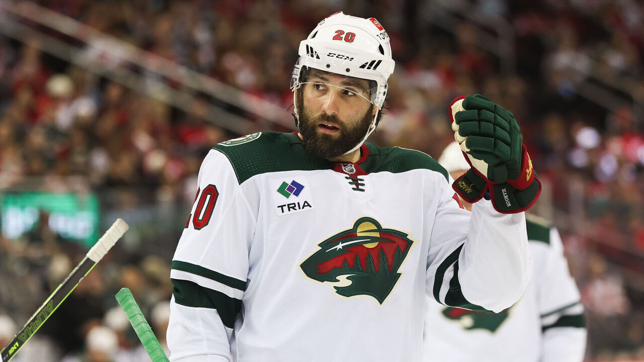 NEWARK, NJ - OCTOBER 29: Minnesota Wild left wing Pat Maroon (20) looks on during a game between the Minnesota Wild and New Jersey Devils on October 29, 2023 at Prudential Center in the Newark, New Jersey.
