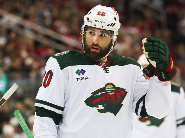 NEWARK, NJ - OCTOBER 29: Minnesota Wild left wing Pat Maroon (20) looks on during a game between the Minnesota Wild and New Jersey Devils on October 29, 2023 at Prudential Center in the Newark, New Jersey.