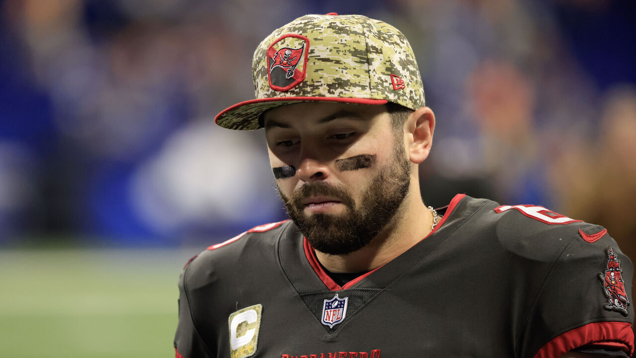 INDIANAPOLIS, INDIANA - NOVEMBER 26: Baker Mayfield #6 of the Tampa Bay Buccaneers walks off the field after the game against the Indianapolis Colts at Lucas Oil Stadium on November 26, 2023 in Indianapolis, Indiana.