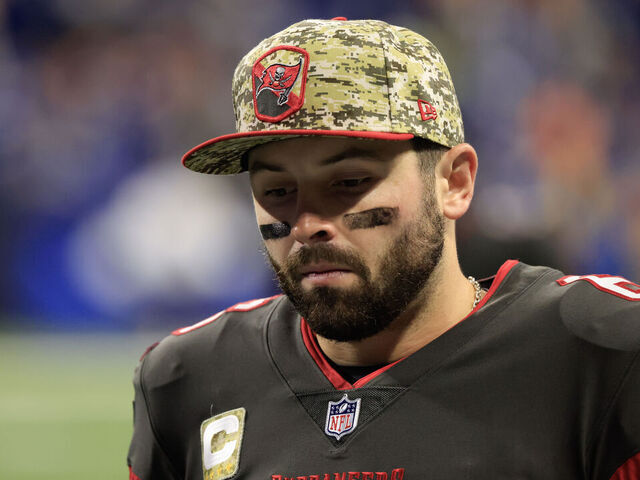 INDIANAPOLIS, INDIANA - NOVEMBER 26: Baker Mayfield #6 of the Tampa Bay Buccaneers walks off the field after the game against the Indianapolis Colts at Lucas Oil Stadium on November 26, 2023 in Indianapolis, Indiana.