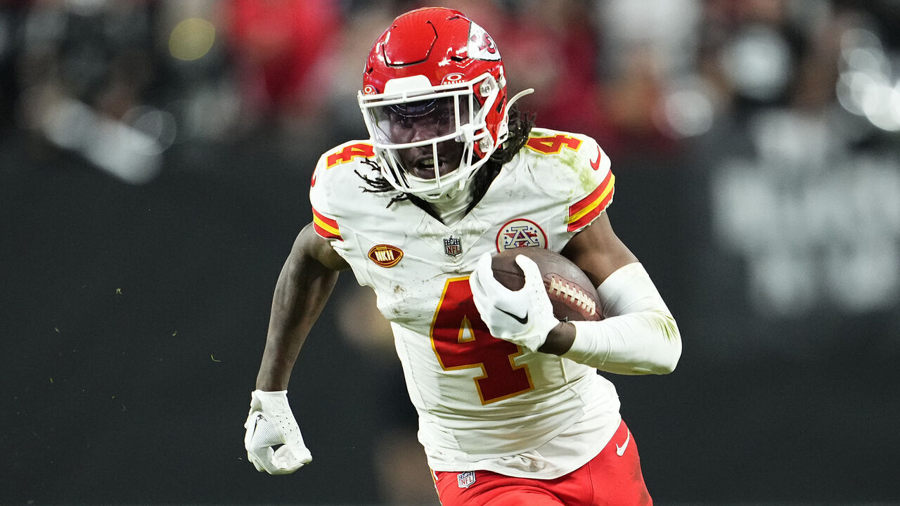 LAS VEGAS, NEVADA - NOVEMBER 26: Rashee Rice #4 of the Kansas City Chiefs runs for a fourth quarter touchdown against the Las Vegas Raiders at Allegiant Stadium on November 26, 2023 in Las Vegas, Nevada.