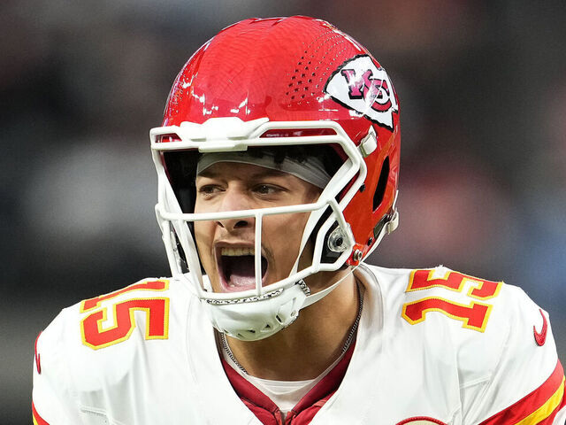 LAS VEGAS, NEVADA - NOVEMBER 26: Patrick Mahomes #15 of the Kansas City Chiefs reacts during the second quarter of a game against the Las Vegas Raiders at Allegiant Stadium on November 26, 2023 in Las Vegas, Nevada.