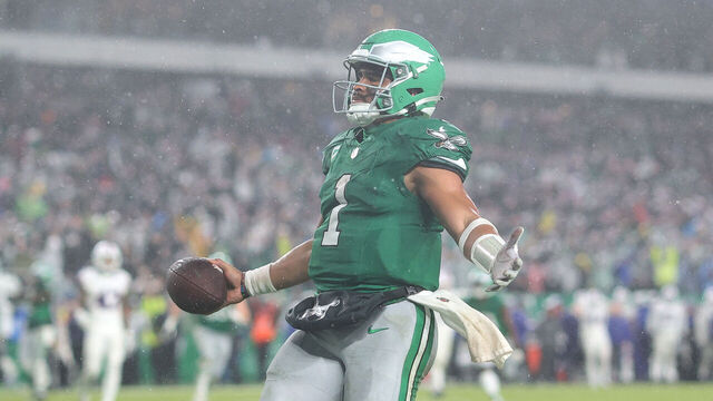 PHILADELPHIA, PENNSYLVANIA - NOVEMBER 26: Jalen Hurts #1 of the Philadelphia Eagles reacts after scoring the game winning touchdown in overtime against the Buffalo Bills at Lincoln Financial Field on November 26, 2023 in Philadelphia, Pennsylvania.