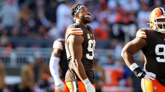 CLEVELAND, OH - NOVEMBER 19: Cleveland Browns defensive end Myles Garrett (95) on the field during the third quarter of the National Football League game between the Pittsburgh Steelers and Cleveland Browns on November 19, 2023, at Cleveland Browns Stadium in Cleveland, OH.