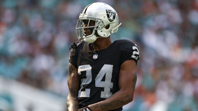 MIAMI GARDENS, FL - NOVEMBER 19: Marcus Peters #24 of the Las Vegas Raiders looks on during an NFL football game against the Miami Dolphins at Hard Rock Stadium on November 19, 2023 in Miami Gardens, Florida.