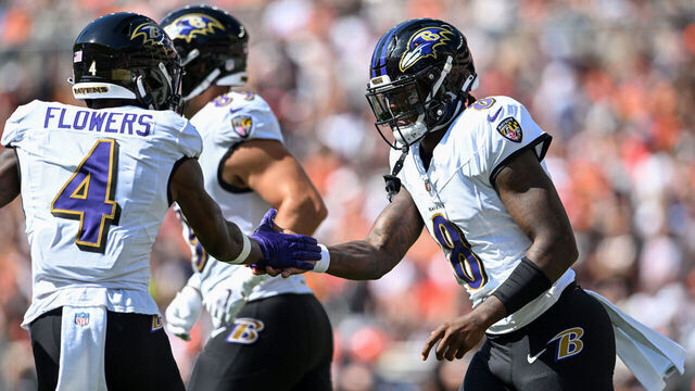 CLEVELAND, OHIO - OCTOBER 01: Lamar Jackson #8 and Zay Flowers #4 of the Baltimore Ravens celebrate a 10-yard touchdown run by Jackson during the first half against the Cleveland Browns at Cleveland Browns Stadium on October 01, 2023 in Cleveland, Ohio.