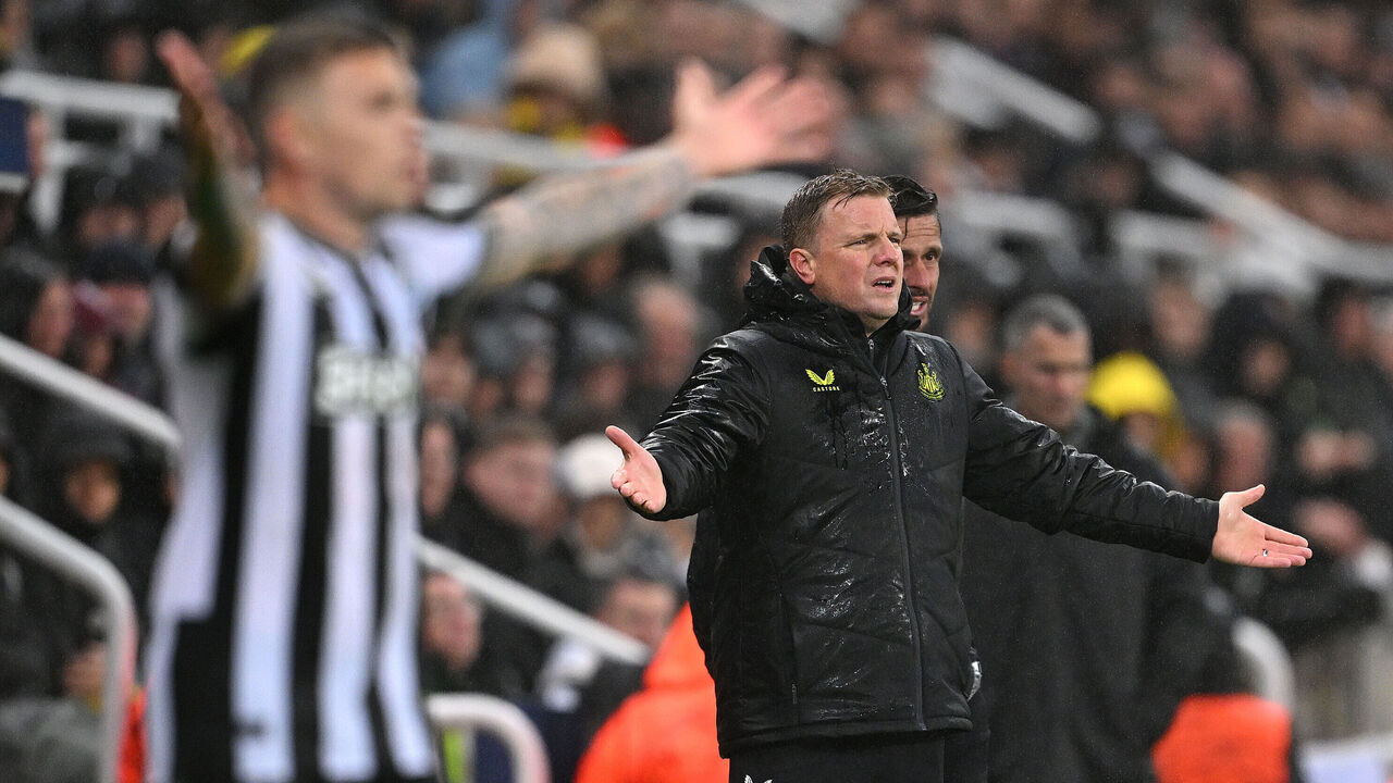 NEWCASTLE UPON TYNE, ENGLAND - OCTOBER 25: Newcastle Head Coach Eddie Howe reacts on the sidelines during the UEFA Champions League match between Newcastle United FC and Borussia Dortmund at St. James Park on October 25, 2023 in Newcastle upon Tyne, England.