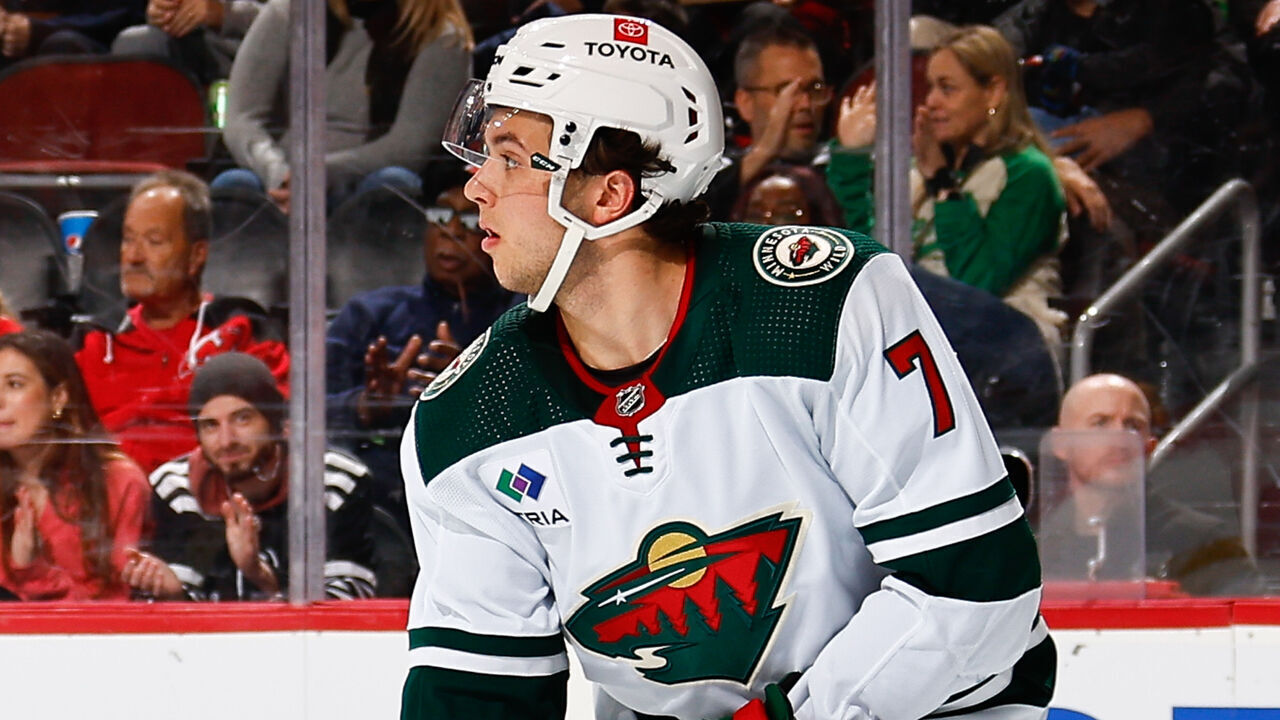 NEWARK, NJ - OCTOBER 29: Brock Faber #7 of the Minnesota Wild during the game against the New Jersey Devils at the Prudential Center on October 29, 2023 in Newark, New Jersey.