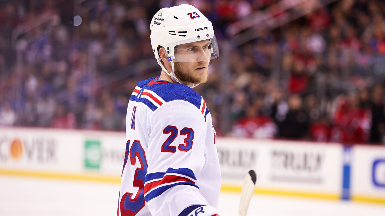 NEWARK, NJ - APRIL 27: New York Rangers defenseman Adam Fox (23) looks on during the National Hockey League game between the New York Rangers and the New Jersey Devils on April 27, 2023 at Prudential Center in Newark, NJ.