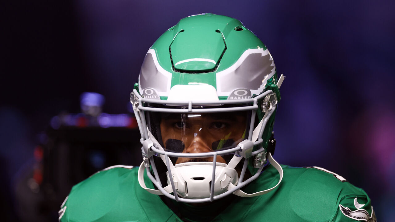 PHILADELPHIA, PENNSYLVANIA - NOVEMBER 26: Jalen Hurts #1 of the Philadelphia Eagles takes the field prior to a game against the Buffalo Bills at Lincoln Financial Field on November 26, 2023 in Philadelphia, Pennsylvania.