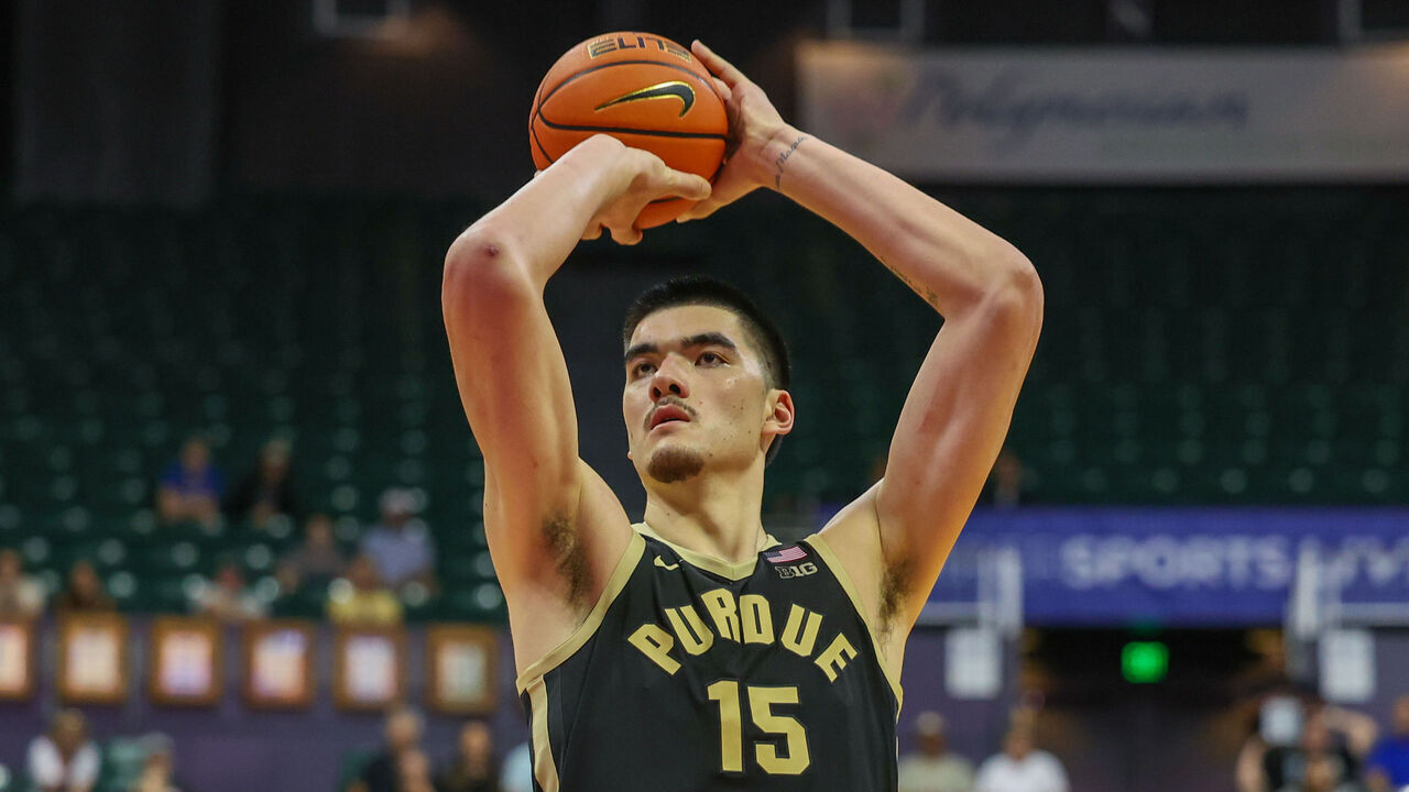 HONOLULU, HAWAII - NOVEMBER 22: Zach Edey #15 of the Purdue Boilermakers shoots a free throw during the second half of their game against the Marquette Golden Eagles in the Allstate Maui Invitational at SimpliFi Arena on November 22, 2023 in Honolulu, Hawaii.