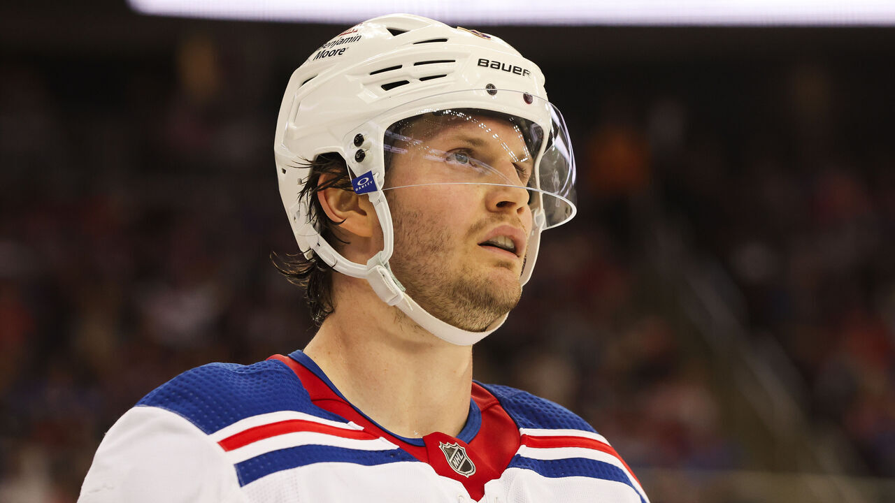 NEWARK, NJ - NOVEMBER 18: New York Rangers defenseman Jacob Trouba (8) looks on during a game between the New York Rangers and New Jersey Devils on November 18, 2023 at Prudential Center in the Newark, New Jersey.