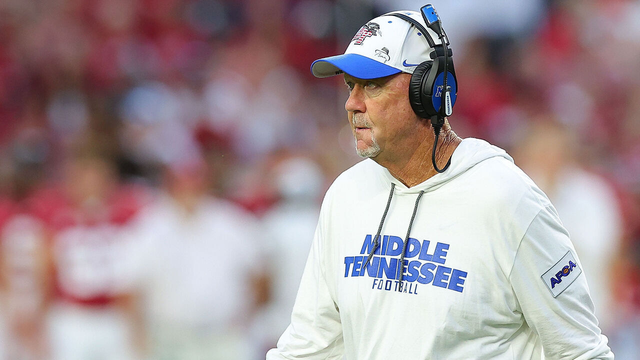 TUSCALOOSA, ALABAMA - SEPTEMBER 02: Head coach Rick Stockstill of the Middle Tennessee Blue Raiders looks on against the Alabama Crimson Tide during the first quarter at Bryant-Denny Stadium on September 02, 2023 in Tuscaloosa, Alabama.