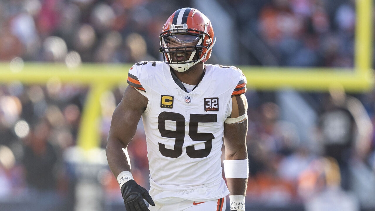 DENVER, COLORADO - NOVEMBER 26: Myles Garrett #95 of the Cleveland Browns reacts during an NFL football game between the Denver Broncos and the Cleveland Browns at Empower Field At Mile High on November 26, 2023 in Denver, Colorado.