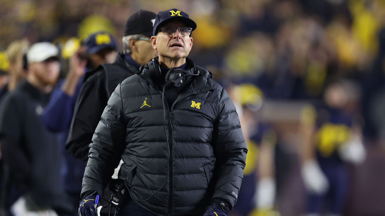 ANN ARBOR, MICHIGAN - NOVEMBER 04: Head coach Jim Harbaugh of the Michigan Wolverines looks on in the first half while playing the Purdue Boilermakers at Michigan Stadium on November 04, 2023 in Ann Arbor, Michigan.