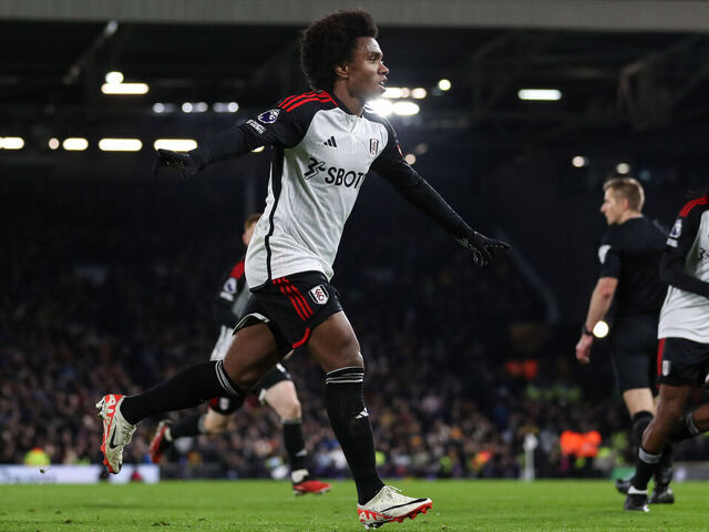LONDON, ENGLAND - NOVEMBER 27: Willian of Fulham scores the winning goal from the penalty spot during the Premier League match between Fulham FC and Wolverhampton Wanderers at Craven Cottage on November 27, 2023 in London, England.