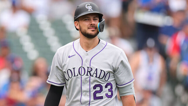 CHICAGO, ILLINOIS - SEPTEMBER 22: Kris Bryant #23 of the Colorado Rockies reacts after striking out against the Chicago Cubs during the first inning at Wrigley Field on September 22, 2023 in Chicago, Illinois.