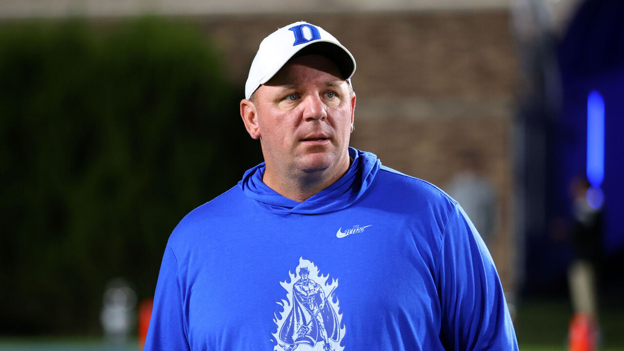 DURHAM, NC - OCTOBER 15: Head coach Mike Elko of Duke University before a game between North Carolina and Duke at Wallace Wade Stadium on October 15, 2022 in Durham, North Carolina.