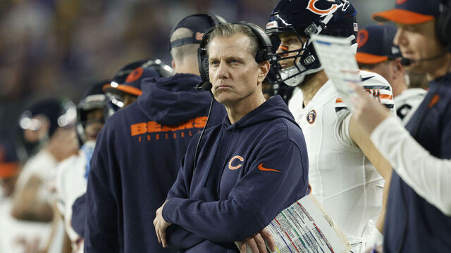 MINNEAPOLIS, MINNESOTA - NOVEMBER 27: Head coach Matt Eberflus of the Chicago Bears is seen on the sideline during the second quarter against the Minnesota Vikings at U.S. Bank Stadium on November 27, 2023 in Minneapolis, Minnesota.