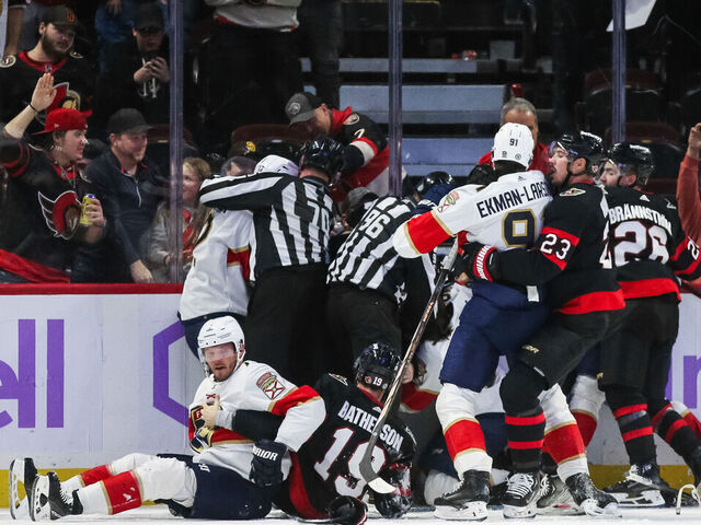 OTTAWA, CANADA - NOVEMBER 27: The Florida Panthers and Ottawa Senators scrum during the third period at Canadian Tire Centre on November 27, 2023 in Ottawa, Ontario, Canada.