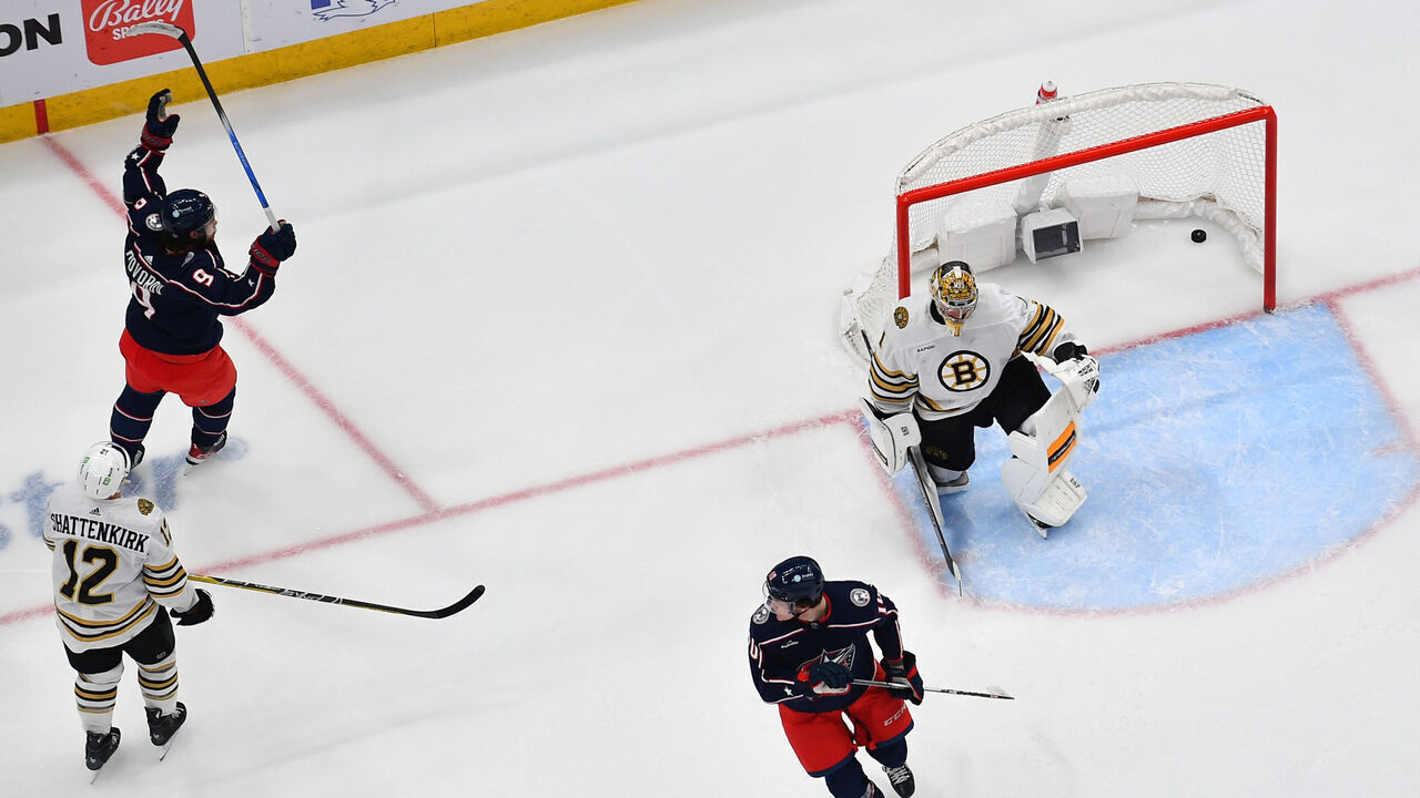 COLUMBUS, OHIO - NOVEMBER 27: Ivan Provorov #9 of the Columbus Blue Jackets reacts after scoring a goal during the second period of a game against the Boston Bruins at Nationwide Arena on November 27, 2023 in Columbus, Ohio.